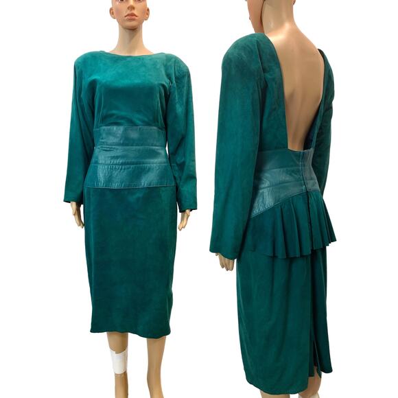 Vintage 80s Kid Suede & Leather Dress with Bustle Teal S - Picture 1 of 14